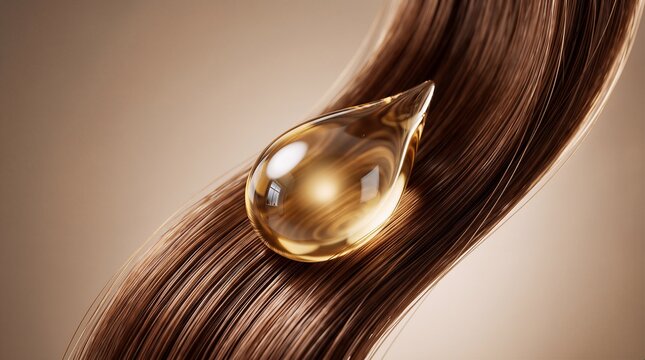 Crystal clear golden oil drop resting on wavy strands of healthy brown hair beauty care concept product advertisement illustration luxury cosmetics nourishing treatment shiny texture.