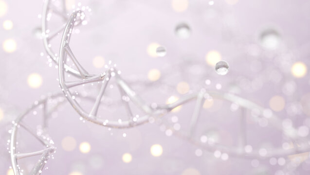 Long Twisted Liquid DNA Strand with Luminous Bokeh for Medical Product Banner. 3D render