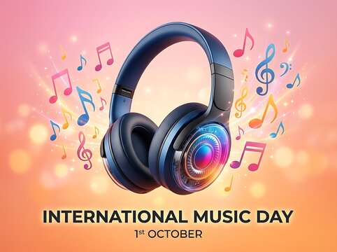 Colorful headphones with musical notes celebrating international music day on vibrant background