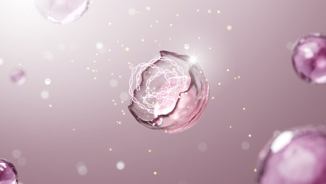 PDRN Molecule Capsule with Glowing DNA Helix on Pink Skincare Background 3D render