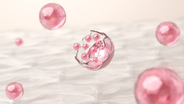 Cosmetic Exosome Vesicle with Microscopic Pink PDRN Molecules Inside. 3D rendering