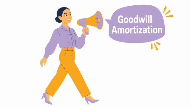 Woman with megaphone promoting goodwill amortization concept.
