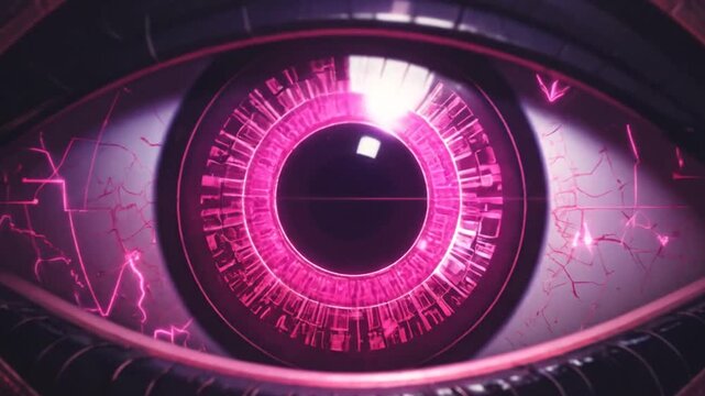 A glowing mechanical eye set within a dark digital circuit board