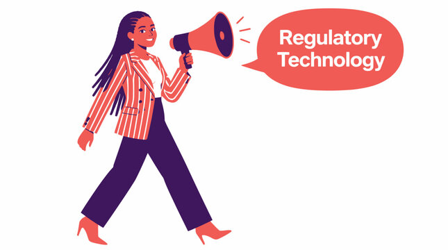 Woman with megaphone announcing regulatory technology concept.