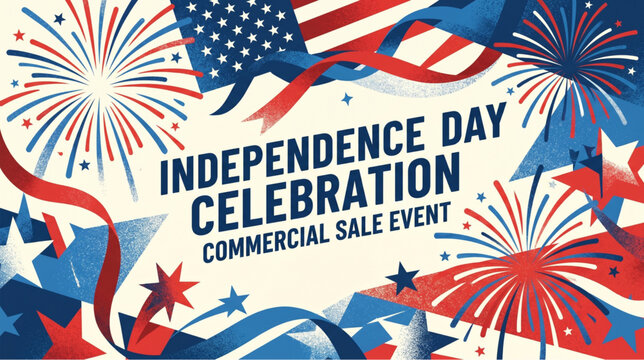 Retro grunge style advertising template banner for 4th of July sales event, featuring distressed textures and patriotic motifs.