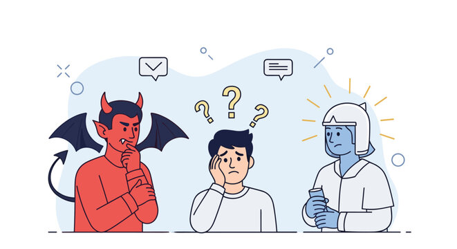 Confused man standing between a red devil and a blue angel trying to make a difficult moral decision or life choice.