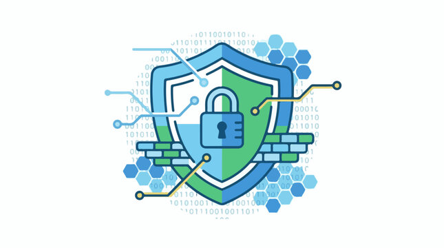 A shield with a padlock surrounded by circuit board and binary code elements