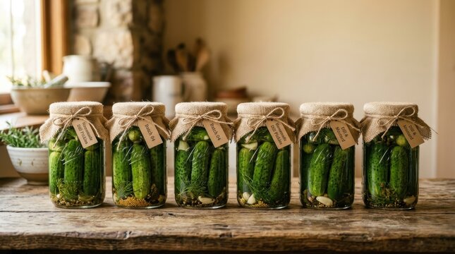 Row of jars filled with homemade dill pickles and garlic, tied with twine and tags