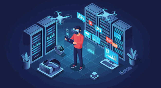 Man wearing VR headset interacting with futuristic technology and servers.