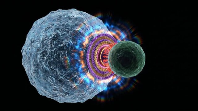 ナチュラルキラー細胞が標的細胞と免疫シナプスを形成する様子を描いた、漆黒背景の医療CG動画。