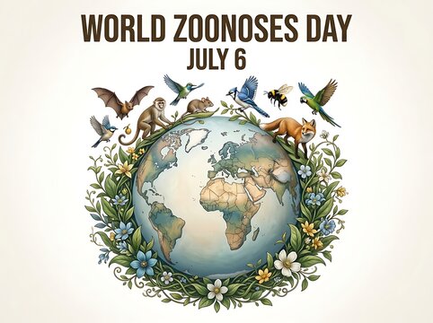 Colorful world zoonoses day illustration with animals and globe surrounded by flowers and plants