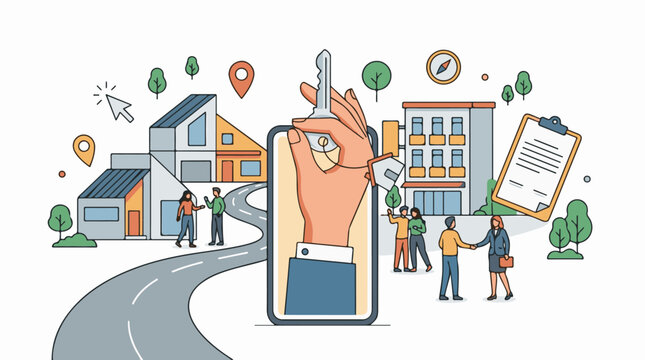 A large hand holds a key and a phone with a house key in the screen, surrounded by buildings, people, trees, and navigation icons