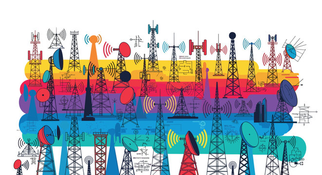 Vast array of telecommunications towers antennas and satellite dishes against a colorful striped abstract background.