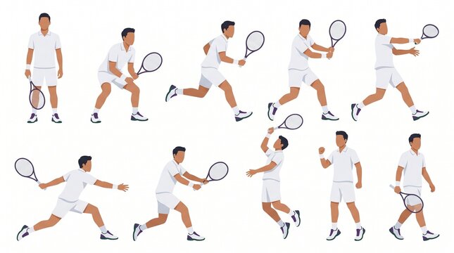Caucasian male tennis player character sheet showing multiple dynamic tennis poses including forehand, backhand, volley, smash and celebration in Wimbledon vector illustration style.