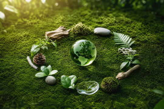 Green globe on moss surrounded by natural elements and green leaves forming circular eco composition conveying harmony and environmental care