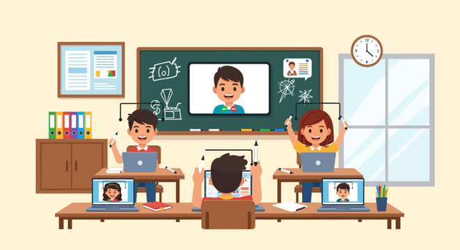 Children learning online in a virtual classroom setting.