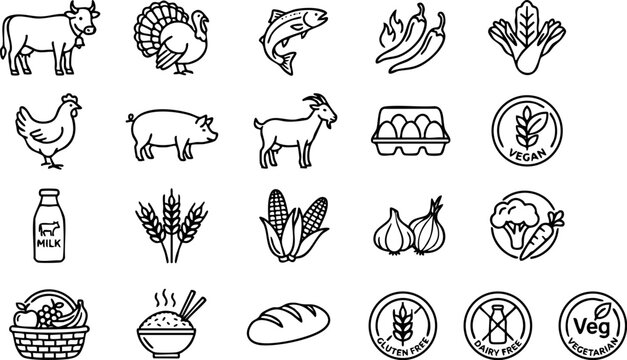 Food groups and dietary nutrition line icons set with nutrition agriculture livestock vegetable broccoli glutenfree lactosefree illustration collection
