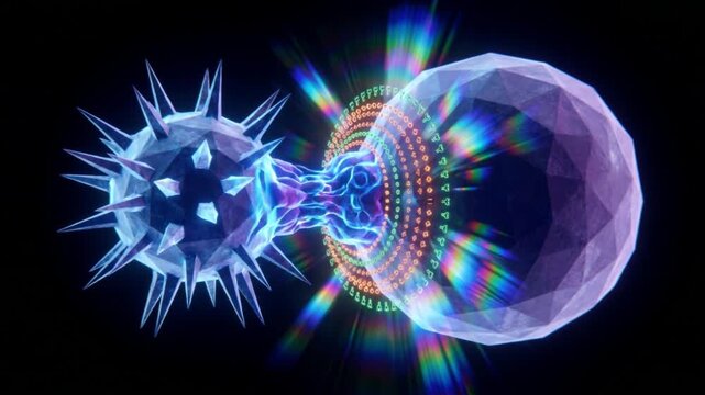 ナチュラルキラー細胞が標的細胞と免疫シナプスを形成する様子を描いた、漆黒背景の医療CG動画。