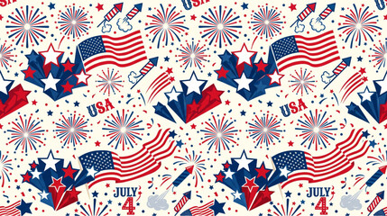 Obraz premium Fun and cute hand-drawn style repeating pattern with firework rockets, american flags, and patriotic stars on a light background.