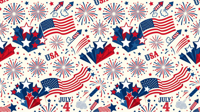 Fun and cute hand-drawn style repeating pattern with firework rockets, american flags, and patriotic stars on a light background.