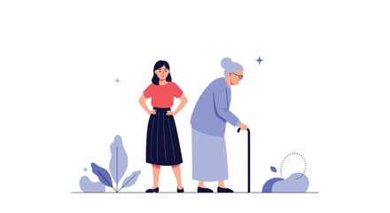 Fototapeta premium Young woman standing with her hands on hips looking at an elderly lady walking with a cane in a minimalist and modern style.