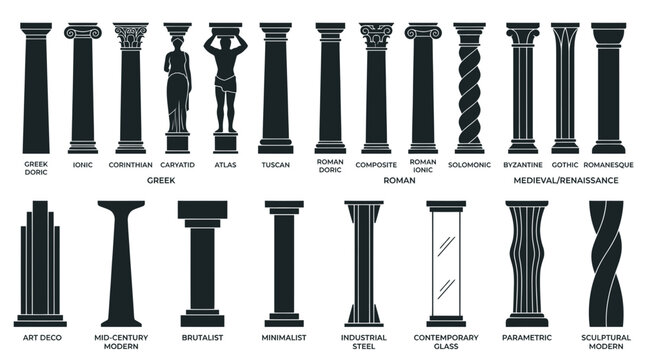 Various architectural columns and pillars.