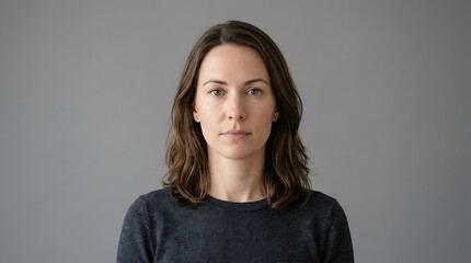 Fototapeta premium Headshot of a calm young Caucasian woman with wavy brown hair looking at the camera with a neutral expression on a solid gray background
