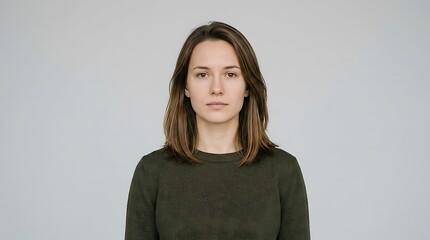 Obraz premium Studio headshot of a calm young woman with straight brown hair looking at the camera against a neutral light gray background backdrop