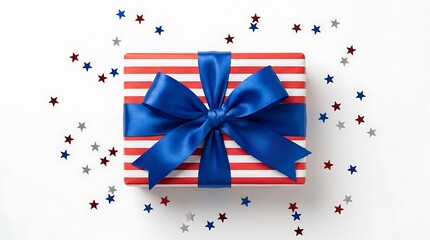 Fototapeta premium USA Labor day Labor day USA Labor Gift Box with Blue Ribbon and Star Confetti
