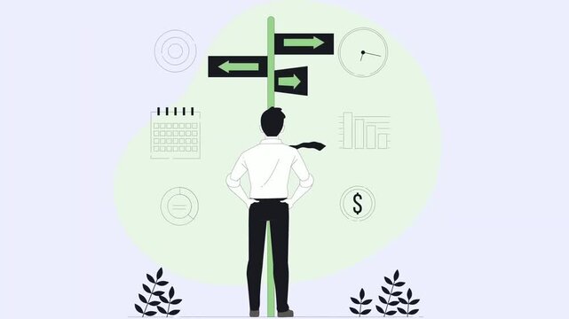 2D Animated Businessman Standing at Crossroad with Signpost, Choosing Strategy Career Direction, Decision Making Concept