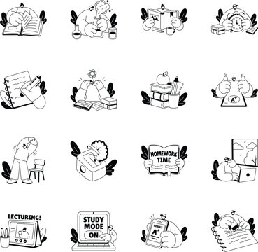 Glyph sticker pack showing books, classroom learning, writing, exams, school supplies, online education, homework, and study-related activities. 
