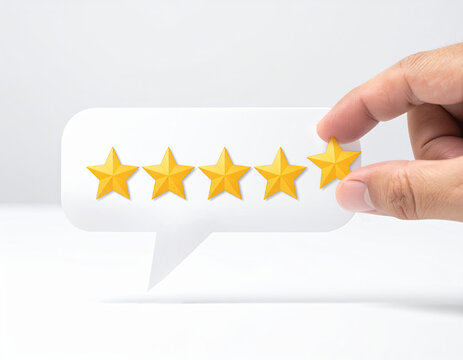 Hand Adding Final Star to Speech Bubble as Customer Feedback Rating Concept