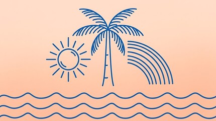 Obraz premium Tropical beach scene with palm tree, sun and rainbow