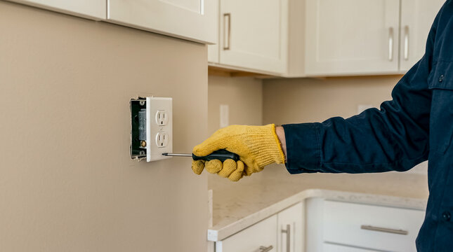 Person wearing protective gloves and uniform installing a new electrical outlet in a kitchen wall near countertop.