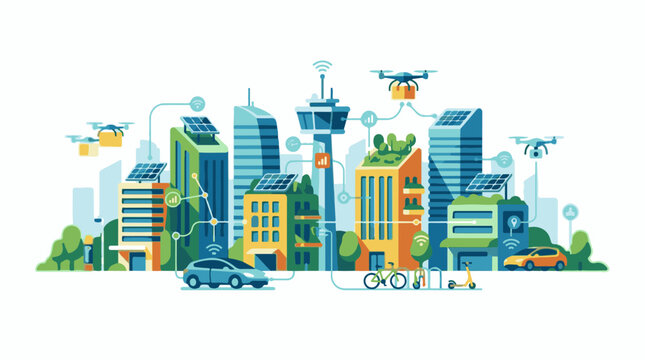 A futuristic city with eco-friendly buildings and various modes of transportation
