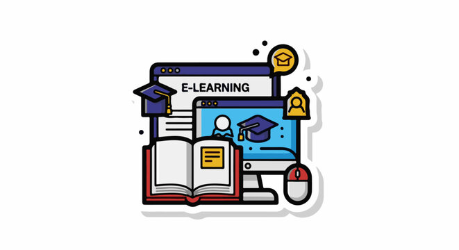 Colorful e-learning illustration with computer and book