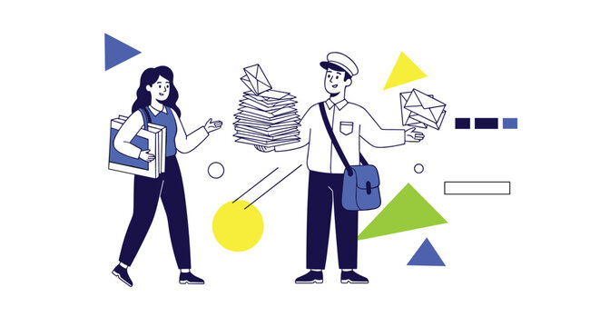 Friendly postman with a mail bag handing a stack of letters to a young woman amidst various abstract geometric shapes and colors.
