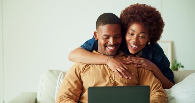 Couple, embrace and remote work in home with laptop, bonding or support husband for marketing career. Happy, married black people and freelance worker with computer, hug or advice for advertising job