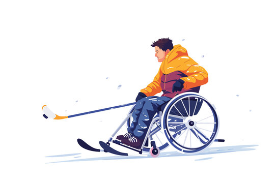 Man in wheelchair playing Sledge Hockey isolated
