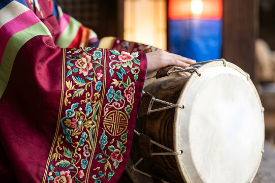 Close up of traditional Korean Hanbok embroidery and janggu drum