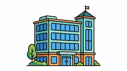 Obraz premium A colorful cartoon illustration of a multi-story building with a tower and trees