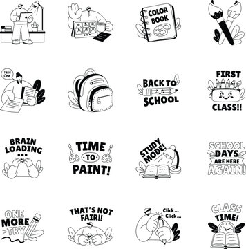 Glyph sticker collection featuring focus, attendance, painting, classroom supplies, study motivation, writing, and educational learning activities. 
