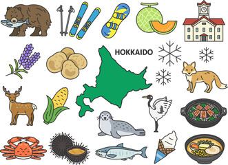いろいろな、北海道名物・名産（線画カラー）のイラストセット © R-DESIGN