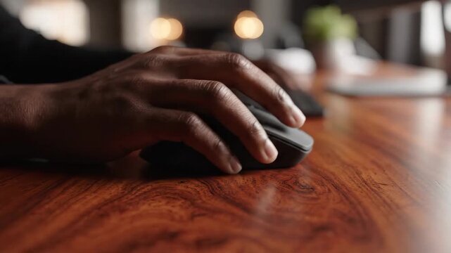 Hand using wireless computer mouse on wooden desk, closeup view in modern office workspace with technology, professional focus, productivity, relaxed and calm atmosphere, working in natural light