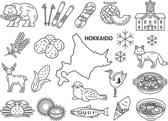 いろいろな、北海道名物・名産（線画）のイラストセット © R-DESIGN