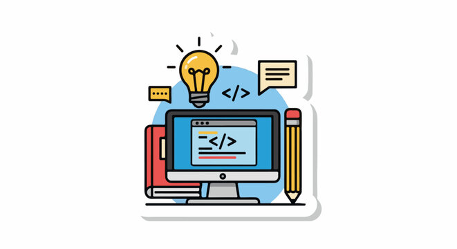 A computer monitor with coding symbols on the screen and a lightbulb above it