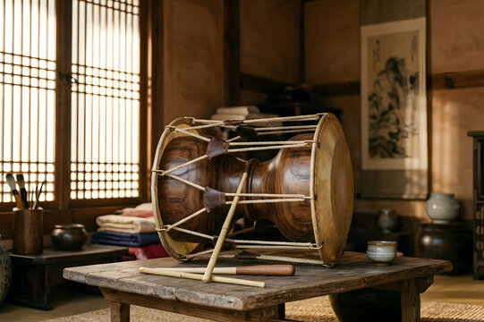 Traditional Korean janggu drum displayed on a low wooden table