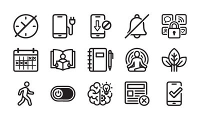 Fototapeta premium Productivity and digital wellness outline icons for healthy habits and daily tasks.