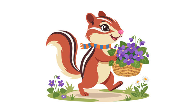 Cartoon chipmunk holding flower basket.