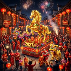 Fototapeta premium Lunar new year 2027 parade with golden horse statue and traditional lion dance in asian street.
